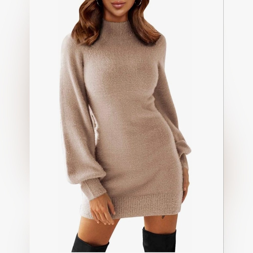 EXLURA Mock Neck Ribbed Long Sleeve Bodycon Pullover Cute Mini Sweater Dress